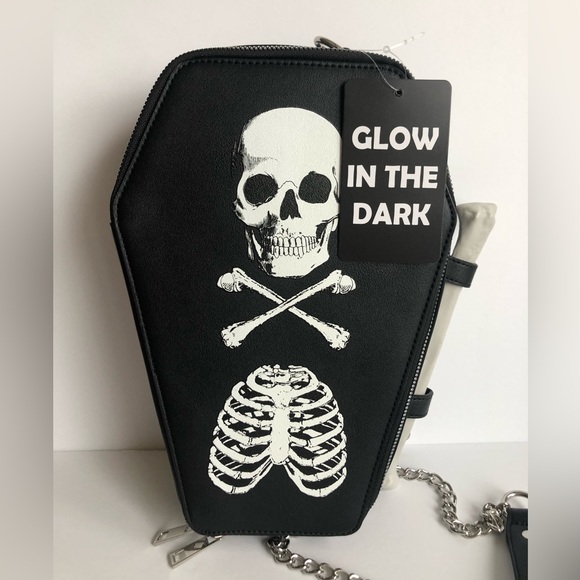 Halloween Bone Handle Coffin Style Crossbody - Glow in the Dark Skeleton art NWT - Picture 5 of 12